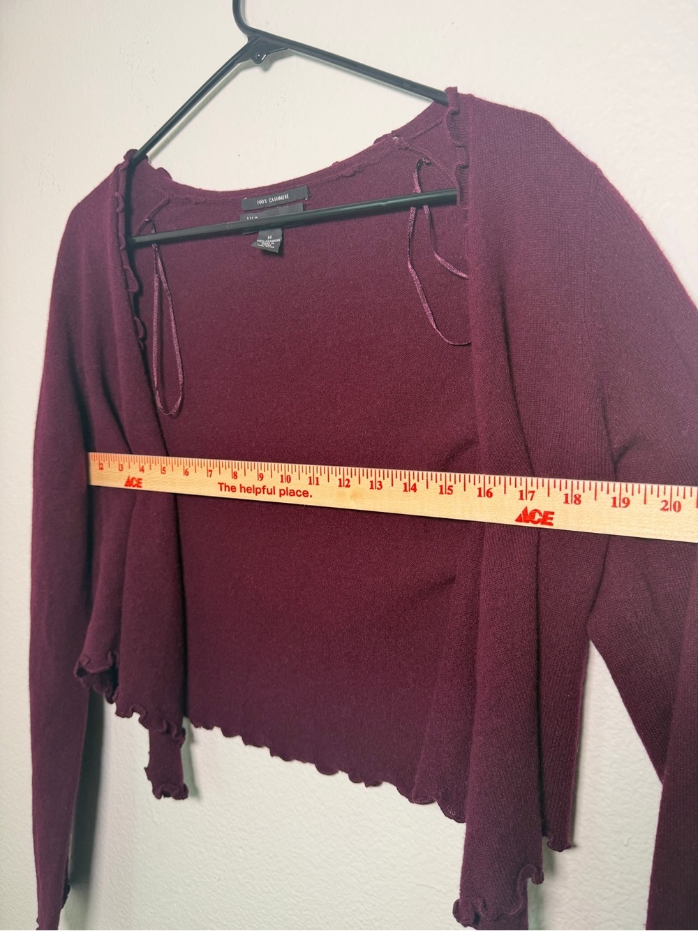 FLAWED INC International Concepts 100% Cashmere Burgundy Ruffle-Trim Cardigan - Picture 7 of 7